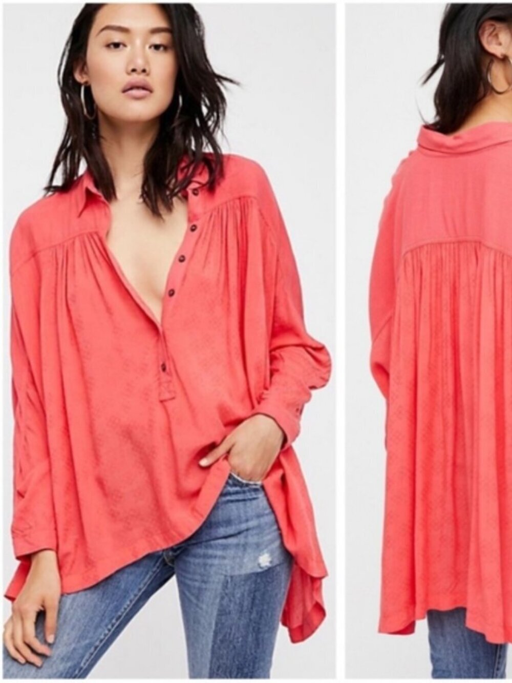 FREE PEOPLE Womens' Dark Coral Button Henley Tunic Top Pockets Oversized Small